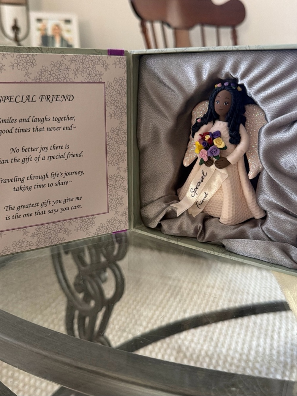 Special Friend Angel Figurine in Pink with Multicolor Bouquet